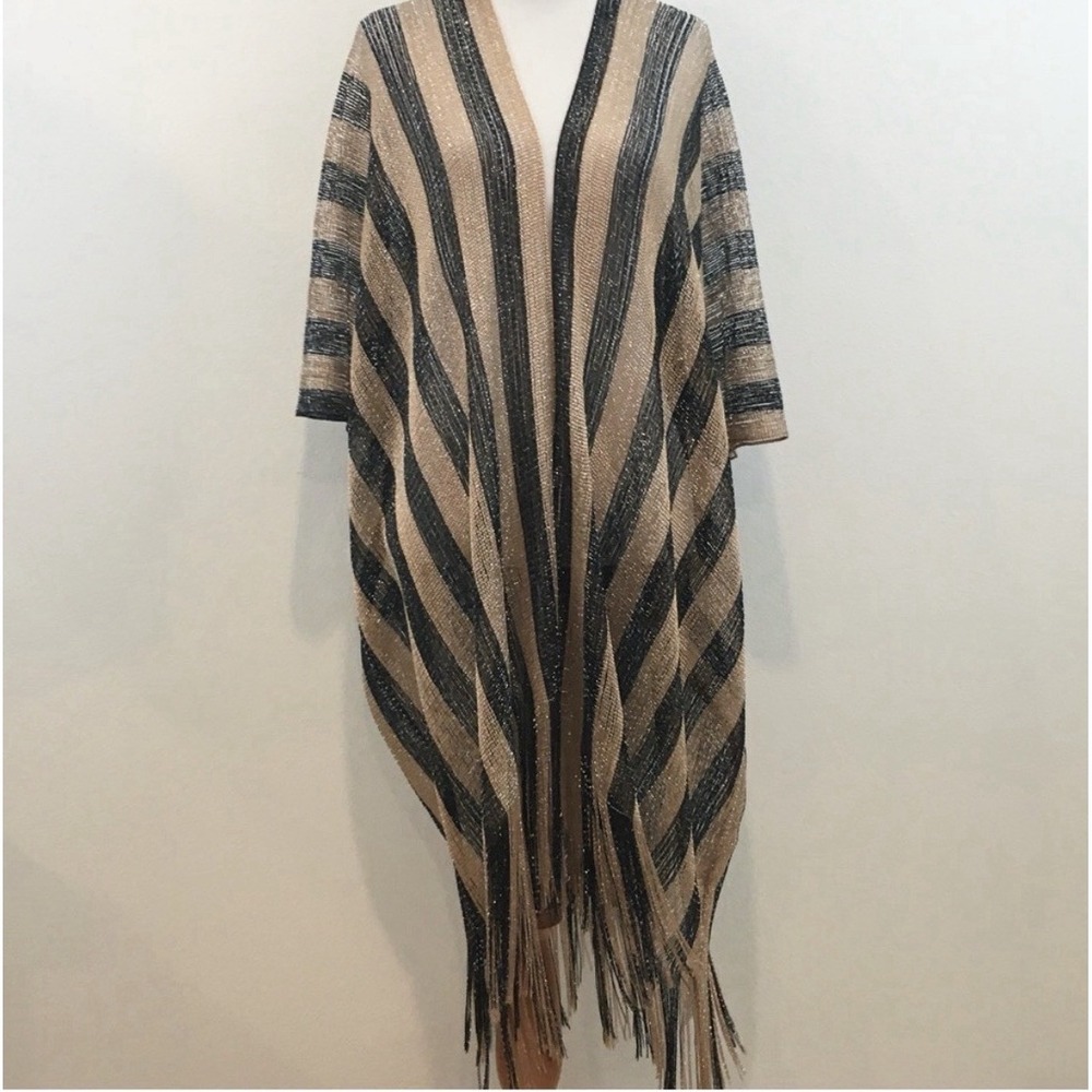 NWT Kendall & James Evening Metallic Net Black Wrap Fringe Shawl Cover Up